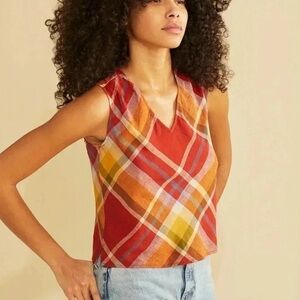 Pendleton Women's V-Neck Plaid Linen Blend Tank Top, sz S - muted red / orange